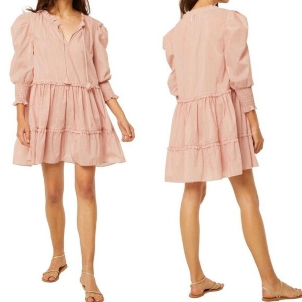 MISA Los Angeles Maya Dress Pink Sunrise Stripe Tassel Tie Tiered - XSmall